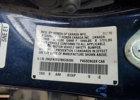 2011 Honda Civic Vp from USA, damaged, VIN 2HGFA1F37BH526205